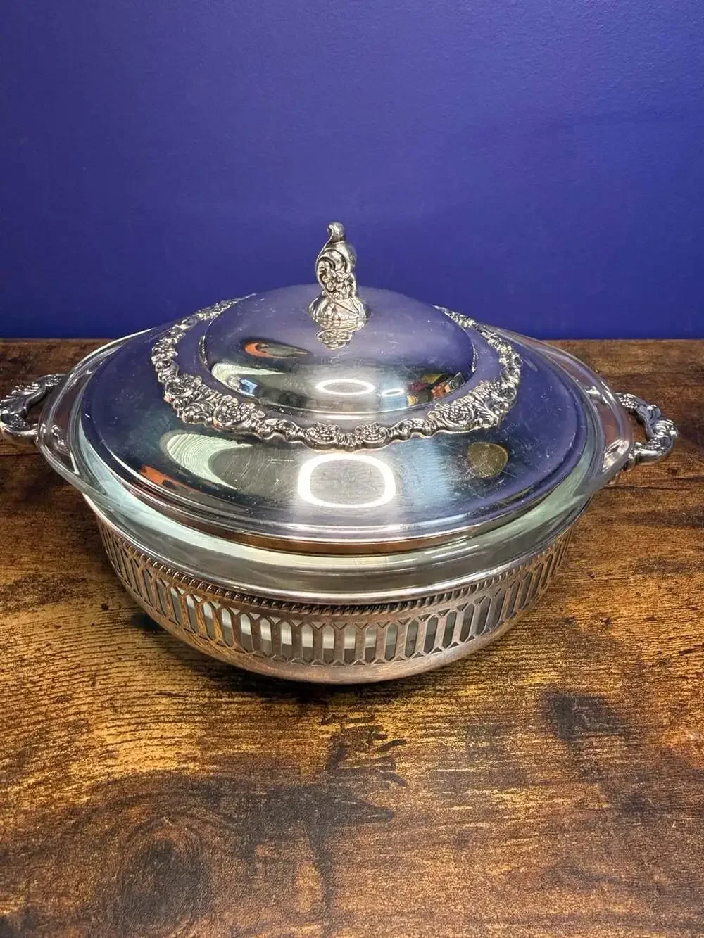 Vintage Silverplate Covered Casserole Dish with Pyrex 023 1.5qt Insert